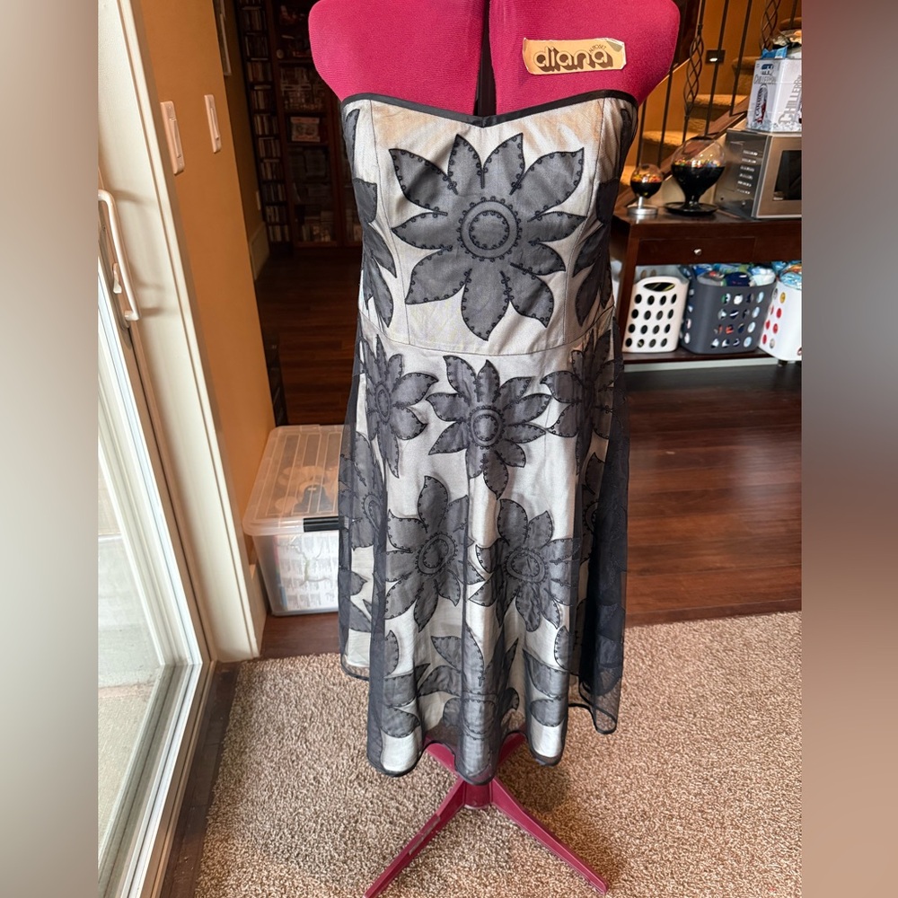 Strapless Dress with Black Floral Overlay